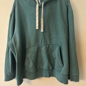 Relaxed Scoop-Neck Pullover Hoodie in Teal with Cream Drawstrings